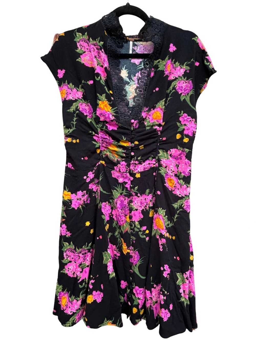Free People Black Pink Floral Lace Neck Ruched Button Front Mini Dress 12 L